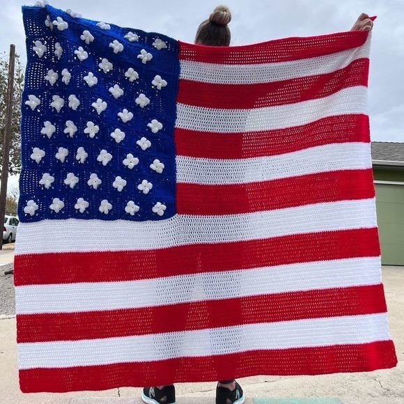 Handmade Crochet American Flag Afghan Patriotic Red White and Blue Huge! USA GUC - Picture 3 of 12